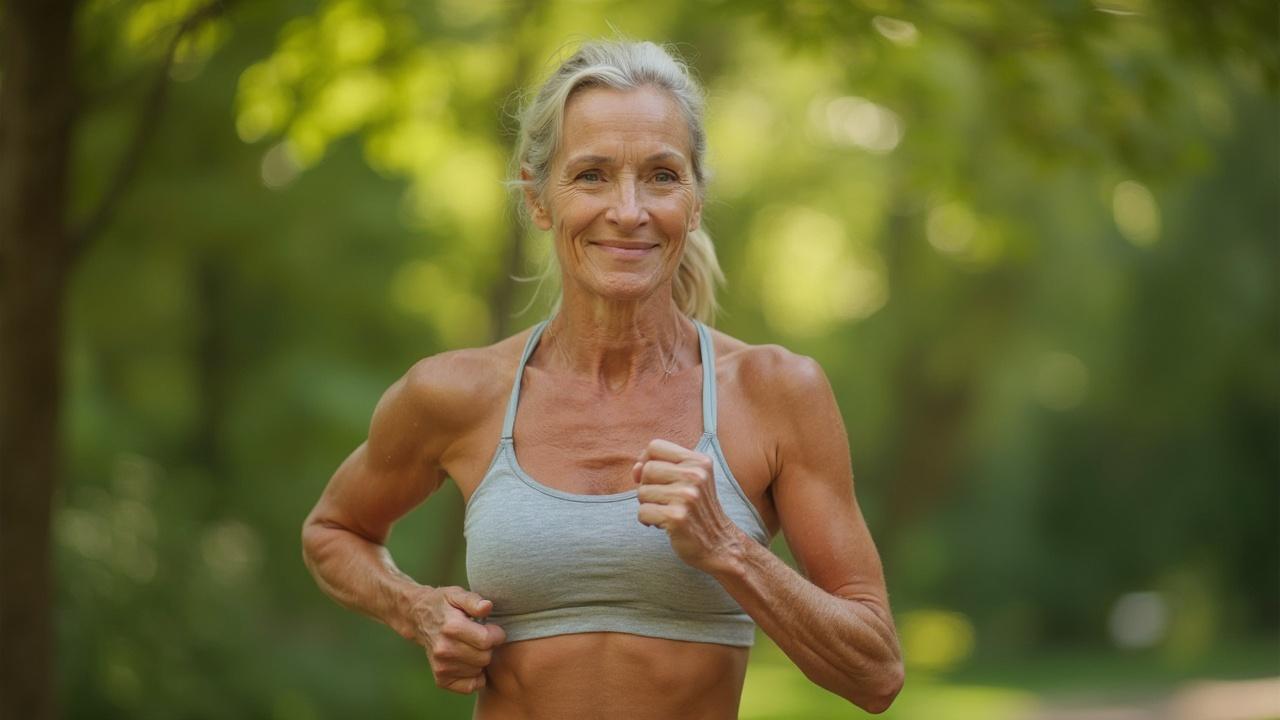 Portrait d'une femme âgée en tenue de sport, souriante et en bonne condition physique.