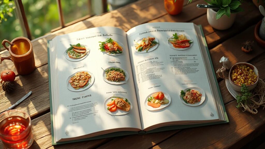 Un livre de recettes ouvert avec diverses photos de plats appétissants