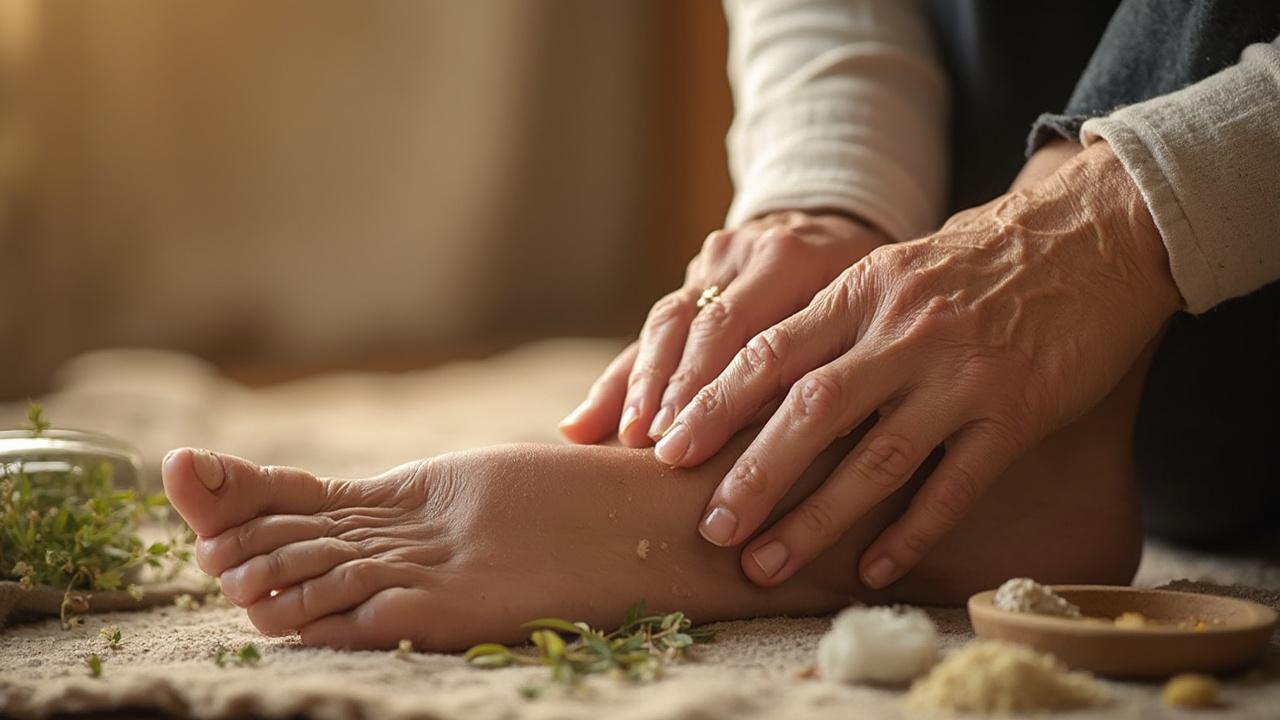 Gros plan des mains massant délicatement un pied sur un tapis.